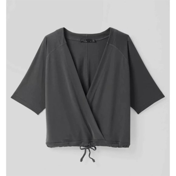 Prana Narkanda Top Cross Front V-Neck Cropped Short Sleeve Shirt Washed Black S - Picture 3 of 8